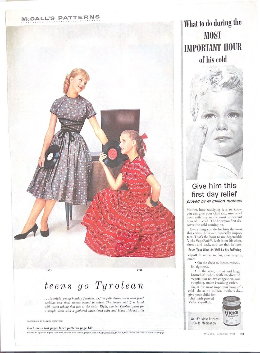 Vtg McCalls Teen Dress Patterns Print Ad 1956 Red Blue Tyrolean Records Music